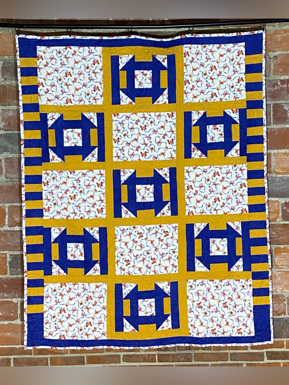Handmade Churn Dash Patchwork Quilt Butterflies Blue Yellow White Throw 55”x70”